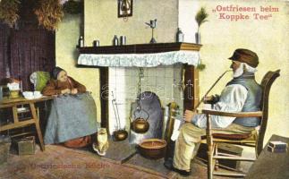 Ostfriesen beim Koppke Tee / German folklore from East Frisia, Koppke Tea advertisement on the backside