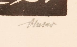 Huber jelzéssel: Csónak a tavon, rézkarc, papír, jelzett, üvegezett fa keretben, 15,5×10,5 cm