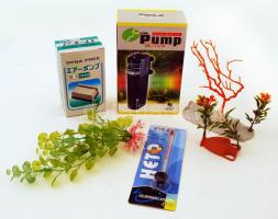 Akvárium tétel: 1 db belső filtrálópumpa, 1 db hőmérő, 1 db oxigénpumpa, 3 db műanyag vízinövény