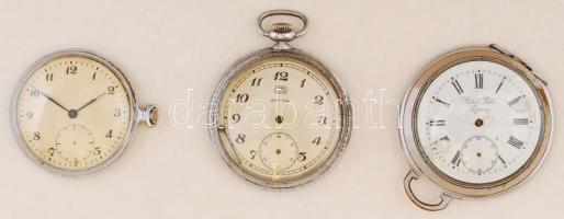 3 db régi zsebóra (1 db UMF Saturn, 1 db márkajelzés nélkül, 1 db tulajdonosi jelzéssel), hiányos mutatókkal, az egyik megrepedt üveglappal, nem működnek