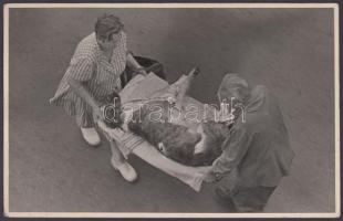 cca 1950 Tiszavölgyi József: Sérült kutyus mentése, pecséttel jelzett fotó, 9x14 cm