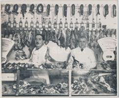 cca 1930 Budapest, egy hentes üzlet belső kirakata és árukínálata, 8,5x10 cm