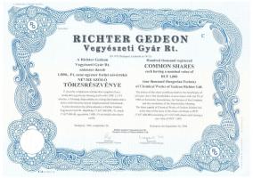 Budapest 1994. "Richter Gedeon Vegyészeti Gyár Rt." 100.000db 1000Ft értékű törzsrészvénye szelvényekkel T:I