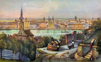 Budapest egykori látképe, litho. A vármegyeháza, a Pesti hazai első Takarékpénztár-Egyesület első otthona, díszes kiadvány. 12x19cm