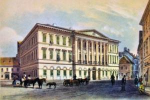 Budapest egykori látképe, litho. A vármegyeháza, a Pesti hazai első Takarékpénztár-Egyesület első ot...