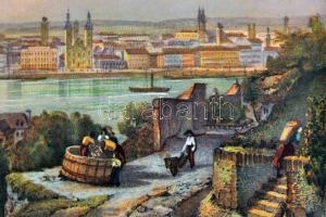 Budapest egykori látképe, litho. A vármegyeháza, a Pesti hazai első Takarékpénztár-Egyesület első ot...