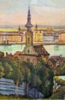 Budapest egykori látképe, litho. A vármegyeháza, a Pesti hazai első Takarékpénztár-Egyesület első ot...