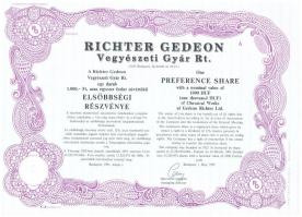 Budapest 1991. "Richter Gedeon Vegyészeti Gyár Rt." 1000Ft értékű elsőbbségi részvénye szelvényekkel T:I-