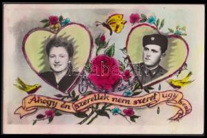 cca 1950 Hajdú János csongrádi fényképész kézzel színezett, grafikai sablonba bemásolt – a közeli laktanyában különösen közkedvelt – örökzöldje, 9x14 cm