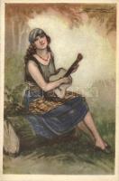 Girl with guitar; Anna & Gasparini 438-3 Art Deco Italian art postcard s: Mauzan