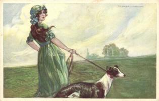Lady, dog; Art Deco Italian art postcard, Anna & Gasparini 464-2 s: T. Corbella