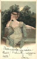 Lady, litho postcard with real pearl decoration A. Sockl, Wien No. 342
