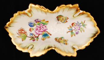 Herendi kézzel festett Viktória mintás levél alakú tálka, jelzett, hibátlan, 15x9 cm