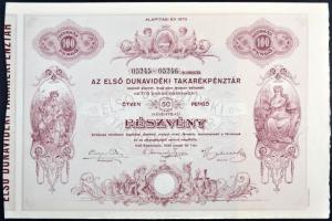 Kiskőrös 1930. "Az Első Dunavidéki Takarékpénztár" 50P + 2db egyenként 50P értékű részvénye szárazpecséttel, szelvényekkel T:I- hajtatlan