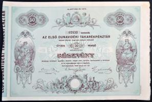 Kiskőrös 1930. "Az Első Dunavidéki Takarékpénztár" 50P + 2db egyenként 50P értékű részvény...
