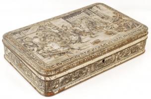 Dombornyomott pléh doboz, Teniers G.B.C. Belgium. Zárszerkezettel ellátott, de kulcs nélkül. 33x20x6...