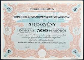 Újpest 1930. "Egyesült Izzólámpa és Villamossági Részvénytársaság" 5db részvénye összesen 500P-ről + 10db részvénye összesen 1000P-ről T:I- hajtatlan