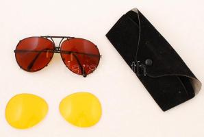 Fém keretes napszemüveg, tokban, cserélhető lencsékkel