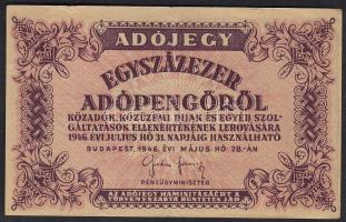 1946. 100.000Adópengő előoldalon részleges gépszínátnyomat, hátoldalon felfelé csúszott nyomás T:II