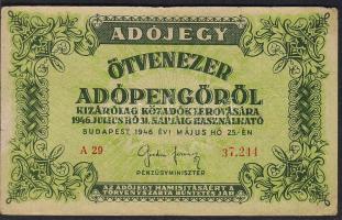 1946. 50.000Adópengő előlapon sorszám 4 száma erősen felcsúszva T:II