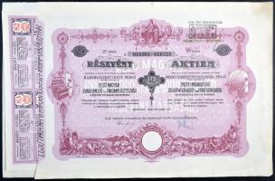 Budapest 1939. "Első Magyar Gyapjúmosó és Finomposztógyár Részvénytársaság" részvénye 375P-ről, magyar és német nyelven, szelvényekkel T:III