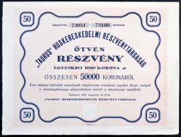 Budapest 1923. " 'Taurus' Huskereskedelmi Részvénytársaság" 50 részvénye összesen 50.000K-ról, szelvényekkel T:II hajtatlan