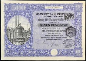 Budapest 1925. "Rimamurány-Salgó-Tarjáni Vasmű Részvény-Társaság" 10 részvénye egyenként 50P-ről, szelvényekkel, szárazpecséttel és felülbélyegzésekkel T:I- hajtatlan
