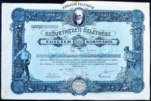 Polgár 1923. "Hangya Fogyasztási és Értékesítő Szövetkezet" jubileumi szövetkezeti üzletrész 1000K-ról, felülbélyegzéssel és szelvényekkel T:II-