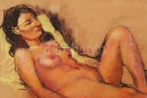 Andráskó István (1930-2013): Fekvő akt. Pasztell, papír, jelzett, üvegezett keretben, 28×36 cm