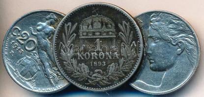 Vegyes: 1893. 1K Ag "Ferenc József" + Olaszország 1913R-19?? 20c Ni (2x) kitűzőként összeforrasztva, tű letört T:2-,3