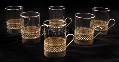 6 db üvegpohár, gazdagon díszített fém aljzattal, d: 6,5 cm, m: 10 cm