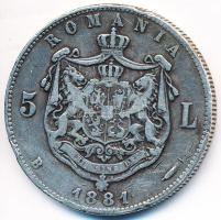 Románia 1881B 5L Ag "I. Károly" T:2-,3 ph., karc Romania 1881B 5 Lei Ag "Carol I" C:VF,F edge error, scratched