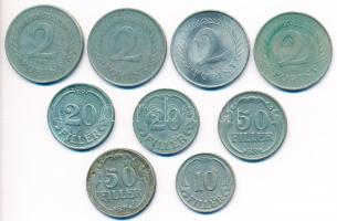 1926-1938. 20f CuNi (2x) + 1926-1938. 50f Ni (2x) + 1939. 10f CuNi + 1950-1966. 2Ft CuNi (4x) T:vegyes