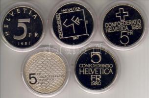 Svájc 1980-1988. 5Fr emlékpénzek 5 klf db T:PP Díszdobozokban.