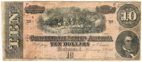 Amerikai Konföderációs Államok / Richmond 1864. február 17. 10$ T:III-,IV Confederate States Of America / Richmond 1864. Fenruary 17th 10 Dollars C:VG,G