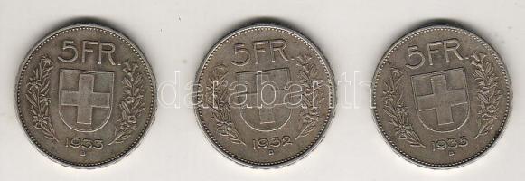 Svájc 1932,33,35. 5Fr Ag (3 klf) T:2