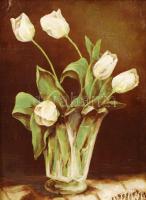 Losonczi jelzéssel: Fehér tulipánok. Olaj, vászon, sérült keretben, 40×30 cm