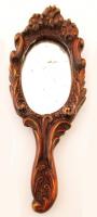 Díszesen faragott fakeretes kézi tükör, h: 19 cm