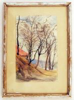 Kiss jelzéssel: Fák a domboldalon. Akvarell, papír, üvegezett keretben, 18×11 cm