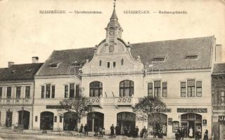 Szászrégen, Várostanácsháza, Bischitz I. és Fritsch üzlete, Kiadja Bischitz Ig.  / town hall, shops (EK)
