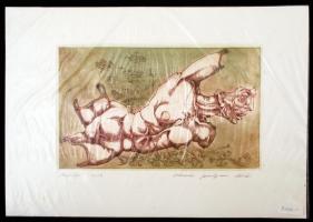 Kolozsvári G. Miklós (1950-): Fogfájás. Színes rézkarc XV/X, papír, jelzett, foltos, 15×25 cm