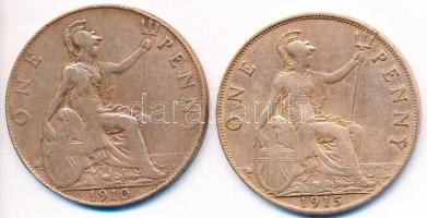 Nagy-Britannia 1910. 1p Br "VII. Edwárd" + 1915. 1p Br "V. György" T:3 Great Britain 1910. 1 Penny Br "Edward VII" + 1915. 1 Penny Br "George V" C:F