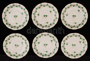 6 db petrezselyemmintás Herendi porcelán csészealj, kézzel festett, jelzett, apró kopásnyomokkal, d: 14,5 cm