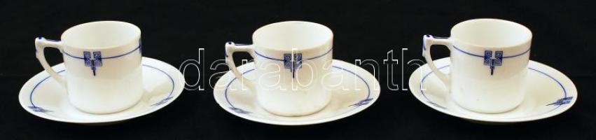 6 db Hüttl porcelán csésze (d: 5cm, m: 5 cm) + hozzájuk tartozó csészealjak (d: 11 cm), kézzel festett, jelzett, apró kopásnyomokkal