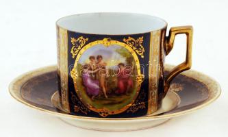 Gazdagon díszített Victoria porcelán csésze + alj, jelzett, matricás, apró kopásnyomokkal, d: 8, ill...