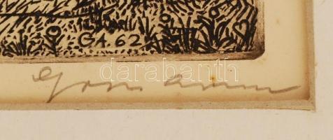 Gross Arnold (1929-): Madárlátta. Rézkarc, papír, jelzett, üvegezett keretben, 20×30 cm