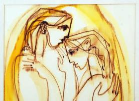 Macskássy Izolda (1945-): Szerelmespár. Vegyes technika, selyem, üvegezett keretben, jelzett, 26×18 ...