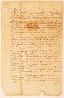 1816 Győr Vármegye Egyházi Főrendeinek, Ország Zászlósainak, Nagyjainak, és Nemesseinek közönsége részére kiadott hirdetmény Káloczy Sándor szolga bíró megbízatásáról. A dokumentum alsó része lyukas. 37x24cm