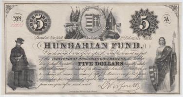 1852. 5$ "A" "Kossuth bankó" piros kézi sorszámozással T:I- tűlyuk, hajtatlan Hungary 1852. 5 Dollar "A" with red serial number C:AU needle hole, unfolded Adamo G118/1b