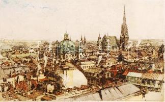 Luigi Kasimir (1881-1962): Bécsi háztetők. Színezett rézkarc, papír, jelzett, üvegezett keretben, 19×32 cm / Luigi Kasimir original signed color etching "Vienna General View" cca 1925